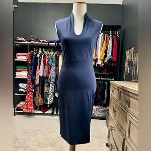 Navy, form-fitting sheath dress; size L